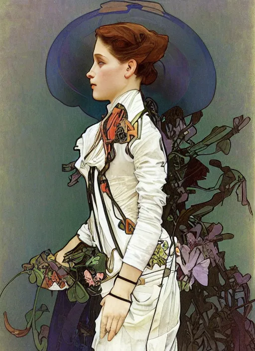 Image similar to a realistic portrait by alphonse mucha of a russian girl detailed features wearing a cargo wedding dress - sporty, sleek, tech utility - chic trend. lots of zippers, pockets, synthetic materials, jumpsuits chic'techno fashion trend by issey miyake and balenciaga