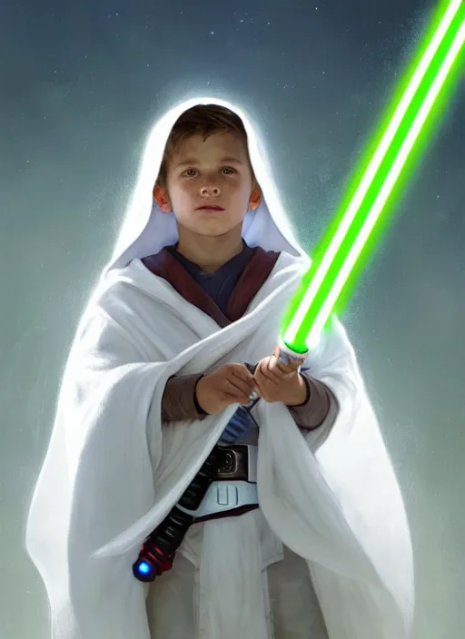 Prompt: perfectly - centered - portrait of a kid wearing white cloak holding light saber, intricate, highly detailed, digital painting, artstation, concept art, smooth, sharp focus, illustration, unreal engine 5, 8 k, art by artgerm and greg rutkowski and alphonse mucha