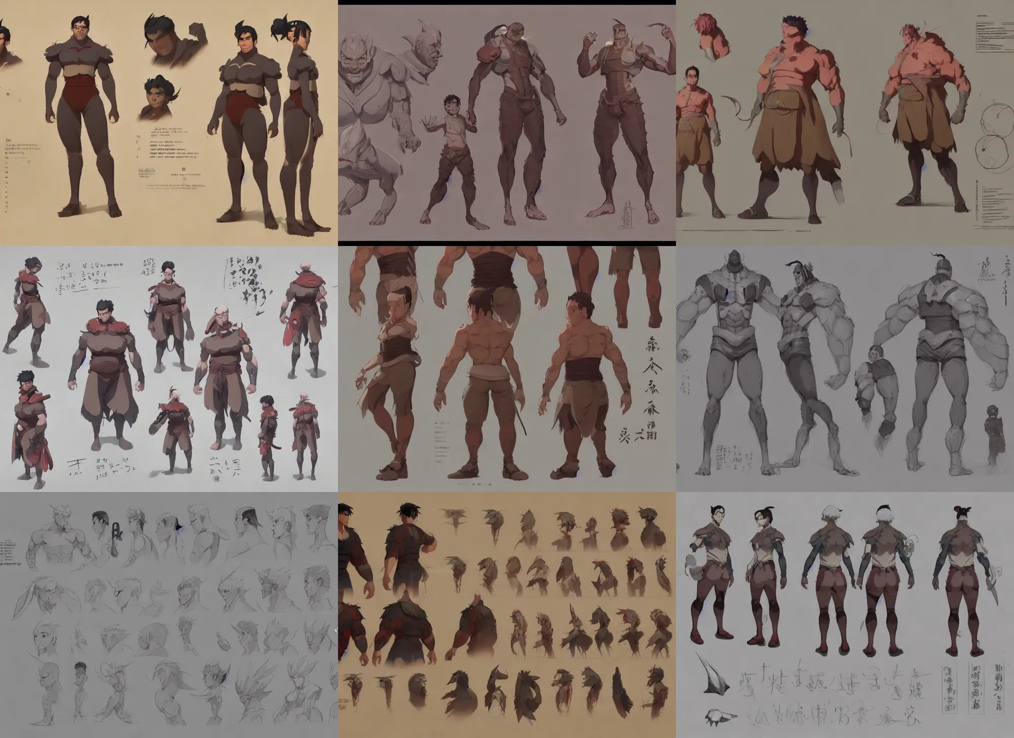 Prompt: character sheet for a beefy male, for genshin impact by greg rutkowski, by studio ghibli, digital art, trending on artstation, hd, 8 k, highly detailed, good lighting, beautiful, masterpiece