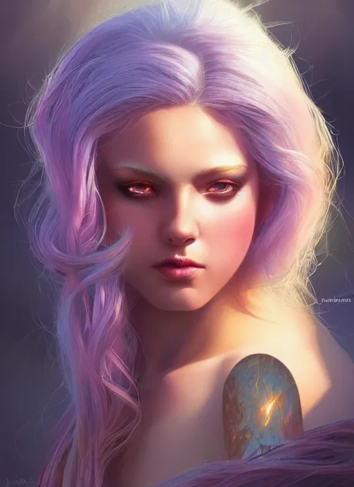 Image similar to girl with iridescent hair, beautiful highly detailed face, complementary lighting, backlit, eyeshadow, lipstick, divine, dramatic lighting, landscape background, beautiful painting by artgerm and greg rutkowski and raymond swanland