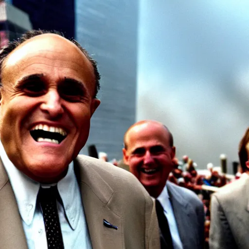 Prompt: color crt surveillence footage hyper detailed focused closeup fish eye lens photograph of Rudy Giuliani laughing hysterically tap dancing on top of the world trade center rubble pile smoking in ny on 9/11/01 september 11th