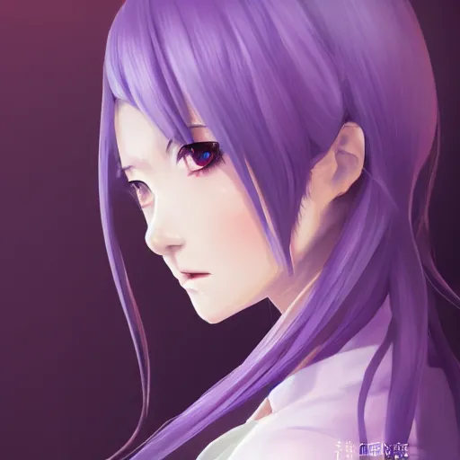 Image similar to gorgeous anime woman portrait, purple hair, cheongsam dress, clear clean face, face by ilya kushinov, avetetsuya studios, alexandra fomina artstation, by makoto shinkai, digital 2 d, painterly style, cinematic matte illustration, clean composition, character design, ufotable, vofan