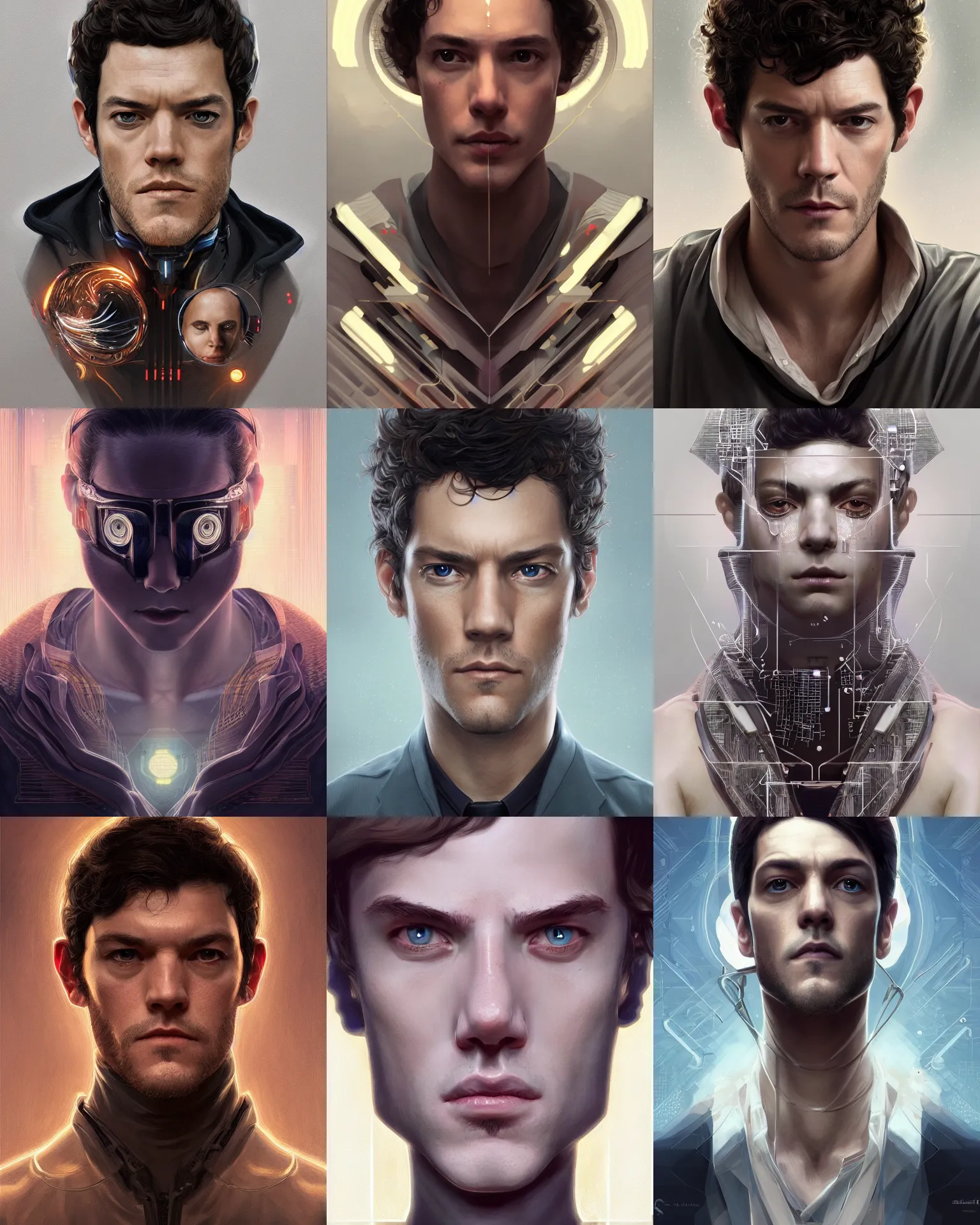 Prompt: symmetry!! adam brody, male musician, computer parts embedded into face, intricate, elegant, highly detailed, digital painting, trending on artstation, concept art, smooth, sharp focus, cyberpunk, illustration, art by artgerm and greg rutkowski and alphonse mucha, 8 k