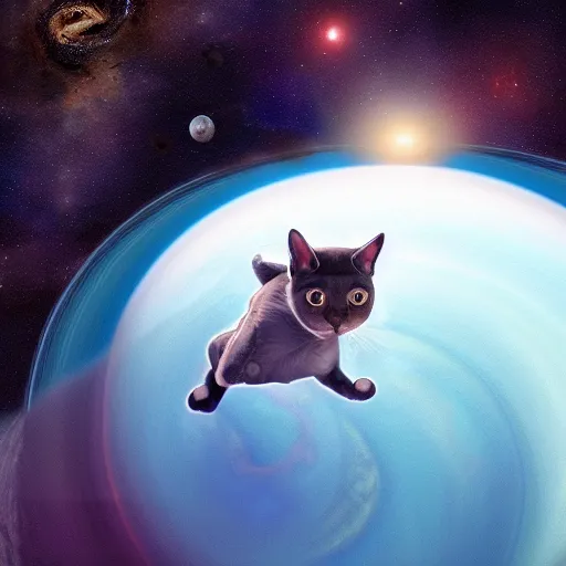 Image similar to A cat with beautiful blue eyes in a space suit jumping over the Saturn planet, digital illustration, concept art, 8k, trending on artstation, highly detailed