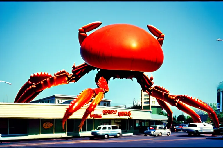 Image similar to 2 0 1 5 giant crab terrorizing a city, googie architecture, americana, fishcore, exterior photography, hd 8 k, photography cinestill