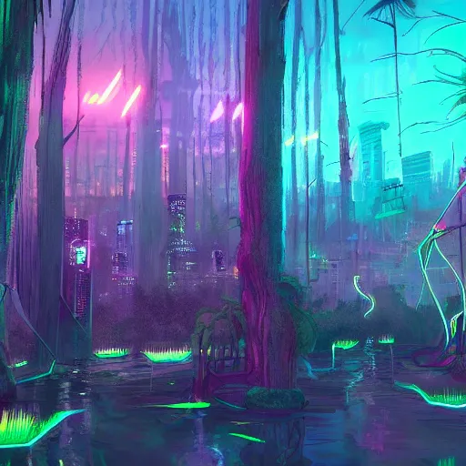 Image similar to cyberpunk magic swamp neon trees