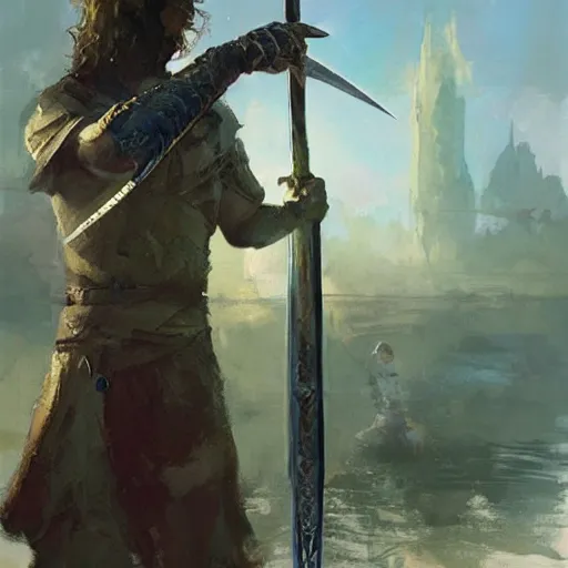 Prompt: a beautiful painting of a hand holding a sword, appearing out of water by james gurney and craig mullins
