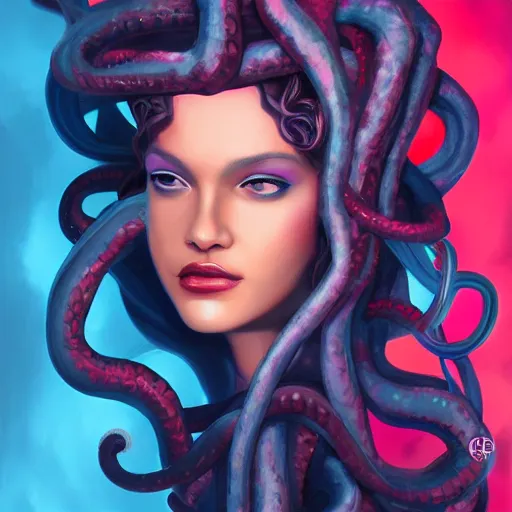 Prompt: medusa portrait painting, vibrtant, colorful, wicked smile, artstation, detailed, blurred background