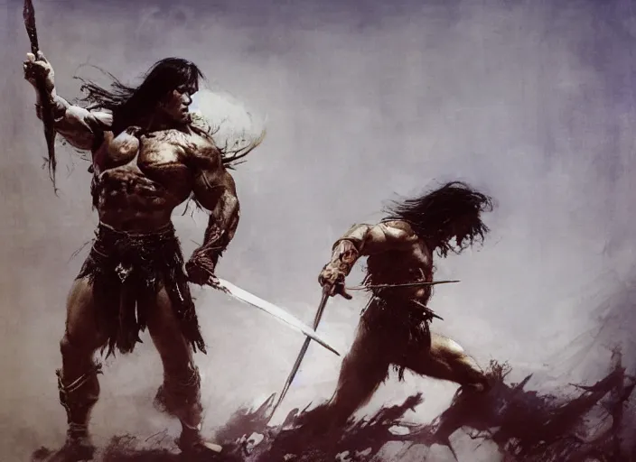 Image similar to conan the barbarian, intricate, elegant, highly detailed, vivid colors, john park, frazetta, sparth, ruan jia, jeffrey catherine jones