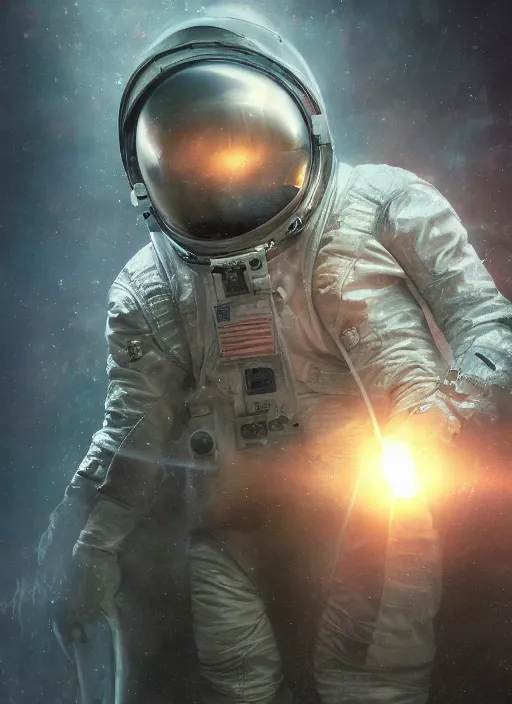 Image similar to poster art by craig mullins astronaut in futuristic dark and empty spaceship underwater. infrared glowing lights. complex and hyperdetailed technical suit. reflection and dispersion materials. rays and dispersion of light. volumetric light. 5 0 mm, f / 3 2. noise film photo. flash photography. unreal engine 4, octane render. interstellar movie art