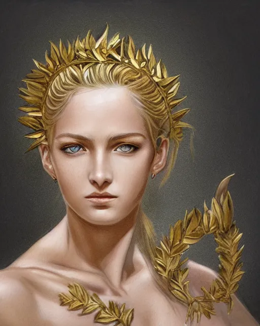 Image similar to front view of beautiful aphrodite greek goddess wearing a gold laurel wreath and triangle earrings, realism tattoo sketch, beautiful piercing eyes with sharp pupils, beautiful blonde hair, in the style of greg rutkowski, fantasy, amazing detail, epic, elegant, smooth, sharp focus