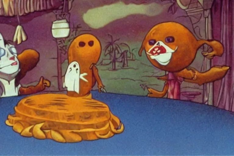 Prompt: still frame from a surreal 1979 children's tv show with pirates, ghost cats, and a sad cheese puppet