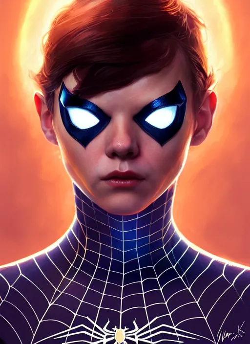 Prompt: portrait of mayday parker spider - girl, brown hair, blue eyes, spider - man costume, intricate, elegant, glowing lights, highly detailed, digital painting, artstation, concept art, smooth, sharp focus, illustration, art by wlop, mars ravelo and greg rutkowski