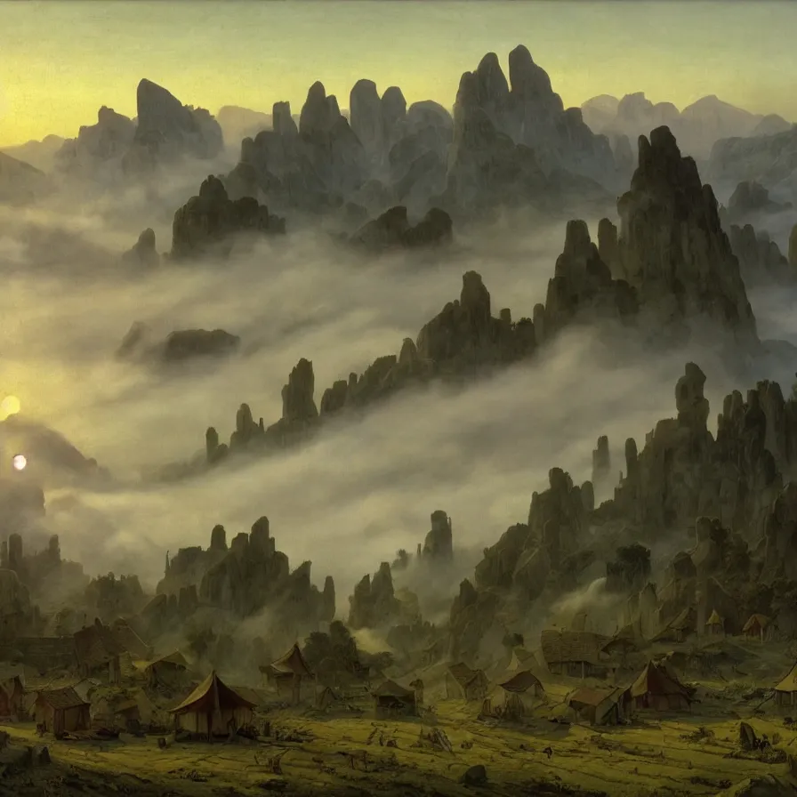 Image similar to village above the clouds, sharp pointy mountains, wooden platforms, tents, colors, misty clouds, sun at dawn, brutalism, painting by caspar david friedrich