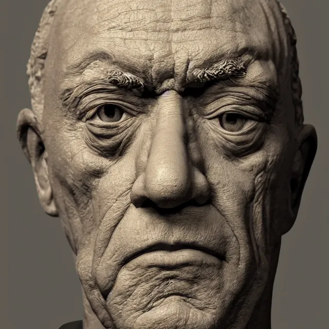 Prompt: photography of a bust of old Mark Margolis made of clay by Sebastian Kruger and Michelangelo, 50mm, studio atmosphere, 8K, rim light, octane render, ultra-realistic