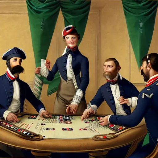 Prompt: four dogs dressed navy admirals in formal unifor playing poker art by cassius marcellus coolidge and jacque - louis david, intricate detail, cinematic, 8 k, cel shaded, unreal engine, featured on artstation, pixiv