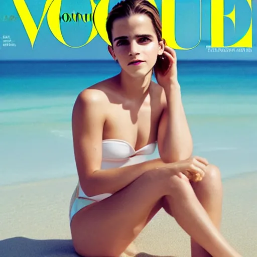 Image similar to a beautiful professional photograph for the cover of vogue magazine of emma watson, wearing a bikini, sitting on the beach looking at the camera in a flirtatious way, zeiss 5 0 mm f 1. 8 lens