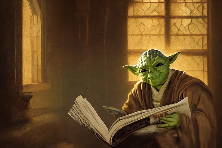 Image similar to a beautiful ultradetailed fine art photo of yoda reading a newspaper in a monastery, by tom bagshaw and zach sutton, backlight, 5 0 mm lens, closeup shot, bokeh, golden ratio composition, sunset golden hour hues, very detailed, artstation, 8 k, highly coherent