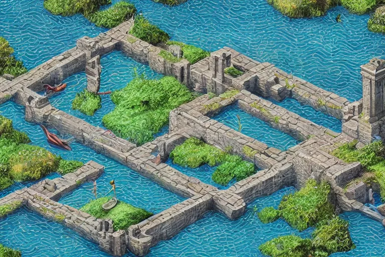 Image similar to ancient city, lake, plants, isometric art, isometric illustration, artstation, highly detailed, post processing, cinematic lighting + masterpiece