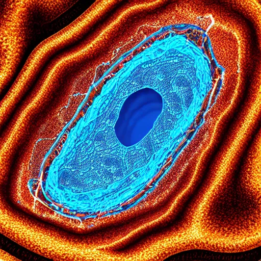 Prompt: tunneling electron microscope image of broken membrane, broken leaking cell wall, liquid oxygen migrating across the cell membrane of a mitochondria oblong organelle. liquid dots penetrating crossing cell membrane edge. dividing crossing over eukaryote membrane. false color. mit technology review. cell science nature. nobel prize winning. ultra detailed 8 k tiff