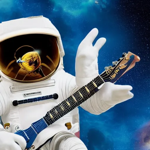 Image similar to astronaut chilling holding a beer with a guitar beside him. detailed photo.