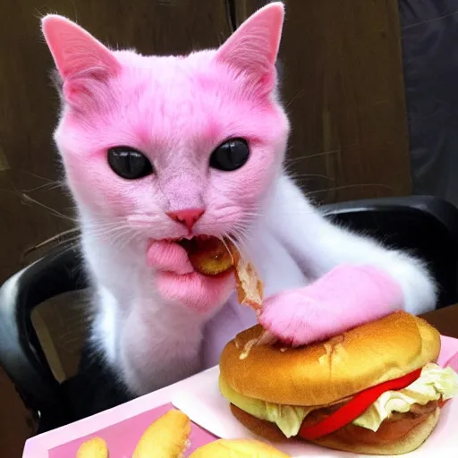 Image similar to photo of a pink cat with pink fur, eating a hamburger, biting a hamburger-C 12