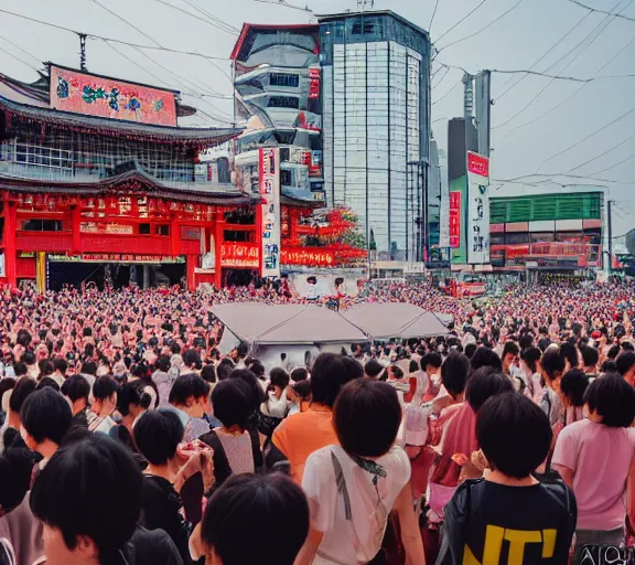 Prompt: photo of an japan 1 9 8 0 pop music festival, and people enjoying the show, color photo, colored, ( sony a 7 r iv, symmetric balance, photolab, lightroom, 4 k, dolby vision, photography award )