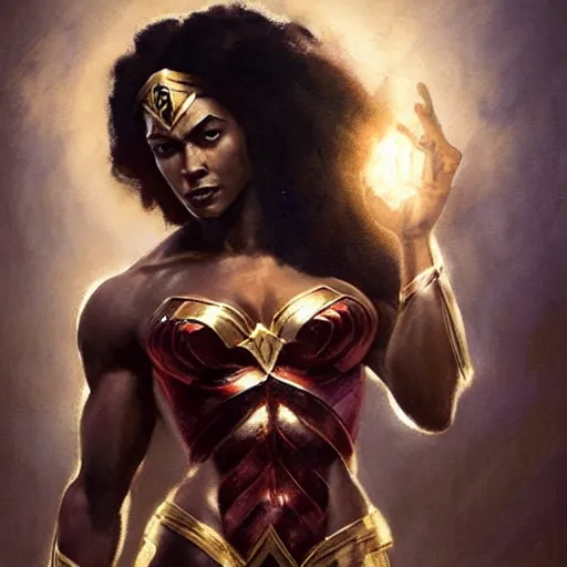 Prompt: : beautiful portrait of black wonder woman, bodybuilder posing, radiant light, caustics, war hero, metal gear solid, by gaston bussiere, bayard wu, greg rutkowski, giger, maxim verehin