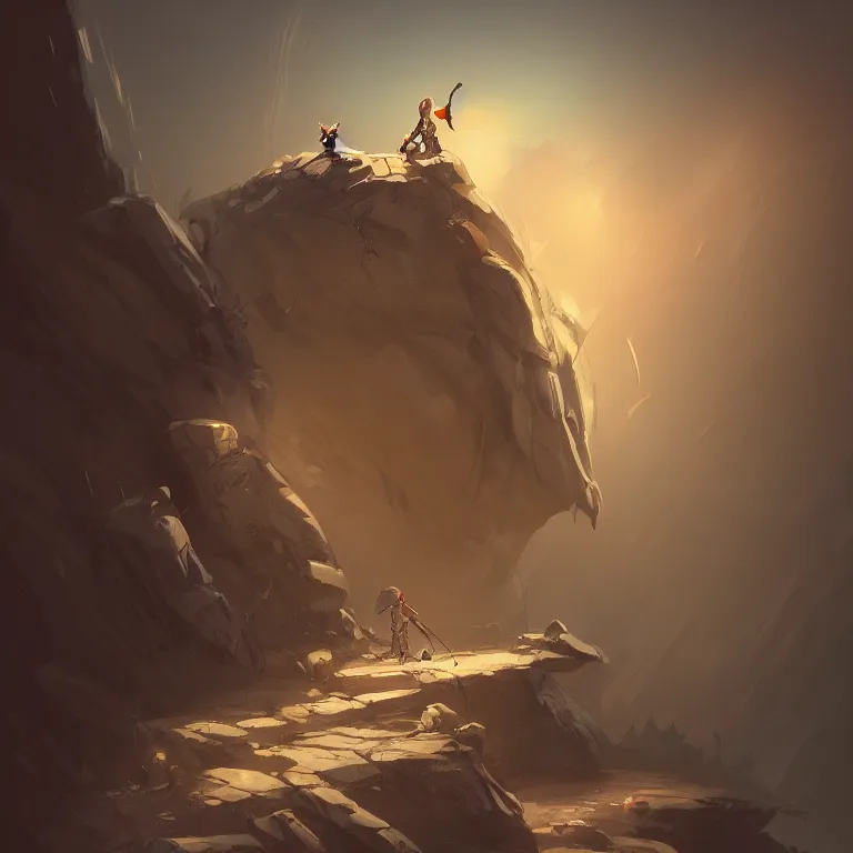 Prompt: Excalibur stuck in rocks, concept art in the style of Diego Gisbert Llorens, dramatic lighting, highly stylized, trending on artstation, high-quality wallpaper, desktopography