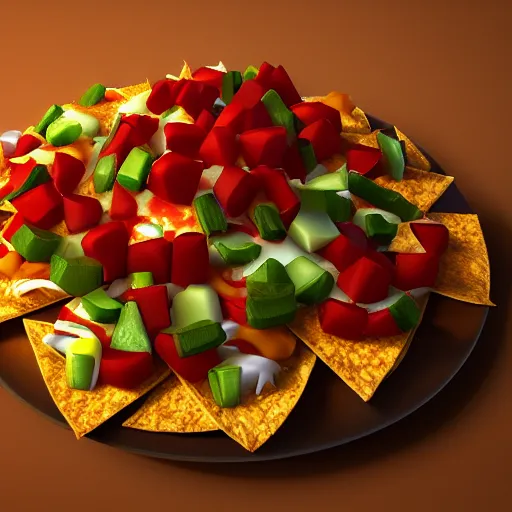 Prompt: photorealistic plate of nachos. hyperdetailed photorealism, 1 0 8 megapixels, amazing depth, rich colors, powerful imagery, 3 d finalrender, 3 d shading, cinematic lighting, artstation concept art