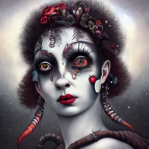 Prompt: By Tom Bagshaw, ultra realist soft painting of a curiosities carnival by night, Female Clown dressed, horror, omnious sky, symmetry accurate features, very intricate details, black and white, volumetric light clouds