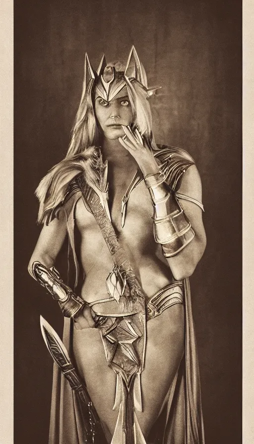 Image similar to she - ra, portrait, full body, symmetrical features, silver iodide, 1 8 8 0 photograph, sepia tone, aged paper, sergio leone, master prime lenses, cinematic