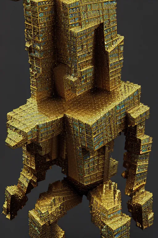 Image similar to concept art of fractal patterned bismuth golem, consists of metallic bismuth fractalization, extremely high details, masterpiece, photorealistic, hyperrealism, vray, octane render, volumetric lighting, depth of field, bokeh, artstation, cgsociety by johannen voss, greg broadmore