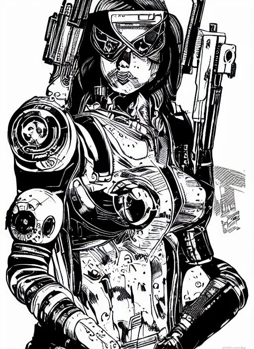 Image similar to cyborg hunter, portrait, cyberpunk 2 0 2 0 manual, by steampoweredmikej, inktober, ink drawing, black and white, coloring pages, manga, highly detailed