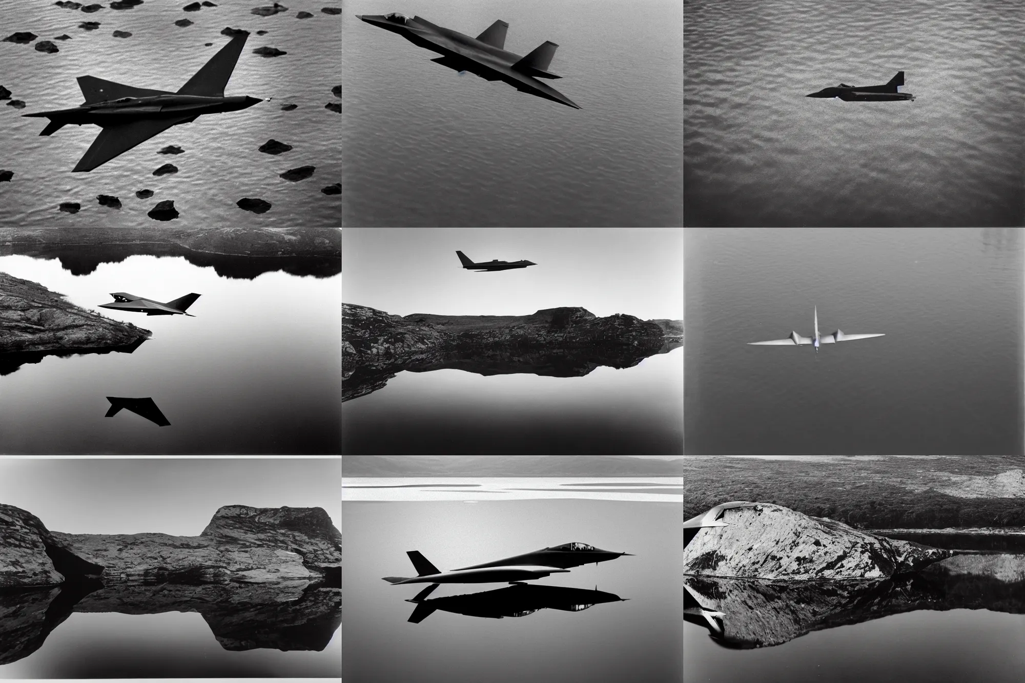 Prompt: declassified photograph of stealth jet flying high above reflecting in still pond with rocks reflected, film grain, 3 5 mm lens, wales, government archive