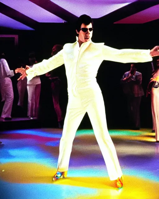 Image similar to john travolta as white suited tony manero in saturday night fever dancing at a disco with an multicolored illuminated floor, cinematic, 1 9 7 0 s style