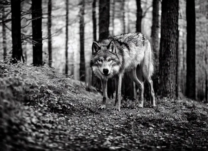 Prompt: wolf in the wood by Jakub Rozalski, lomography photo, blur, monochrome, 35 mm