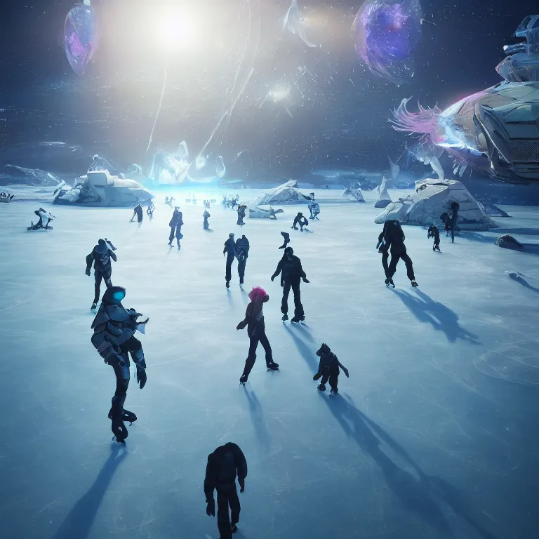 Prompt: ice skating on a distant world by Tooth Wu and wlop and beeple and dan mumford and greg rutkowski. halo. octane render, cinematic, hyper realism, octane render, 8k, depth of field, bokeh. iridescent accents.