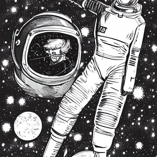 Image similar to illustration of butch tomboy stoic emotionless square - jawed heroic blonde woman astronaut, space helmet, on spacewalk, nebula in background, stellar anomaly, pen and ink, ron cobb, mike mignogna, comic book, black and white, science fiction, punk, grunge, used future, illustration, comic book cover, - ar 1 6 : 9