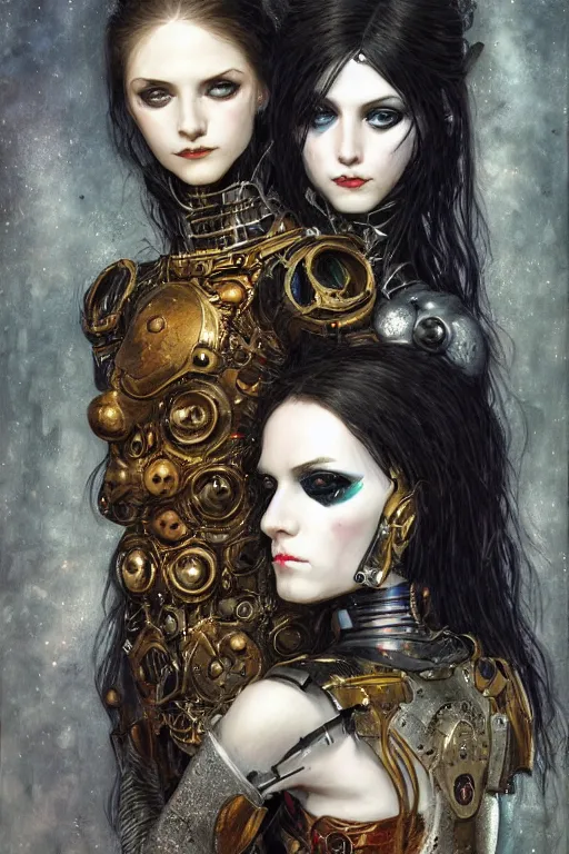 Image similar to portrait of two beautiful young gothic cyborg maidens, cyberpunk, Warhammer, kiss, highly detailed, artstation, illustration, art by Gustav Klimt