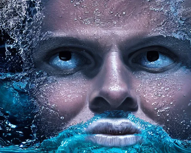 Prompt: water art manipulation of a realistic human head with open eyes burried in the ocean, surreal, side view, hyper realistic, ray tracing, realistic water, sharp focus, 8 k resolution, cinematic