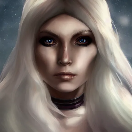 Prompt: fantasy portrait of a female human adventurer with white skin, white hair, white eyes without pupils, slightly - pointed ears, short wavy hair, eyebrow scar, trending on artstation, ethereal, gentle smile, friendly, glowing, angled