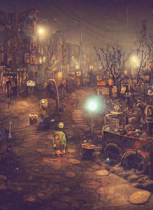 Image similar to Alexander Jansson style, A lunar landscape, darkness, nocturnal lighting, colored spotlights, psychdelic lights, gloom, fast food stalls and street market, extraterrestrials with psychedelic costumes walking and old robots buying and eating, realistic, many details, octane Render Ultra Detailed detailed detailed, Unreal Engine 5, HDRI,