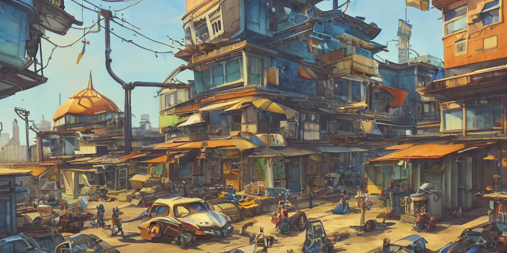 Image similar to overwatch building, stylized, exterior, architecture, in watercolor gouache detailed paintings, insanely detail, artstation, 8 k, futuristic, big medium small, arcane, simon stalenhag, food stall, interesting shapes & form, golden ratio, megastructures, vitaly bulgarov, slums, junkyard, oriental, asian, japanese alleyway