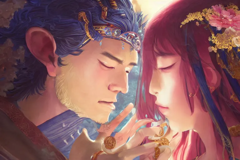 Image similar to close up moment of a divine a japan sun god and a moon goddess lovers magician at a wedding banquet, highly detailed, d & d, fantasy, 4 k realistic, digital painting, trending on artstation, concept art, sharp focus, illustration, art by makoto shinkai and akihiko yoshida and daniel gerhartz