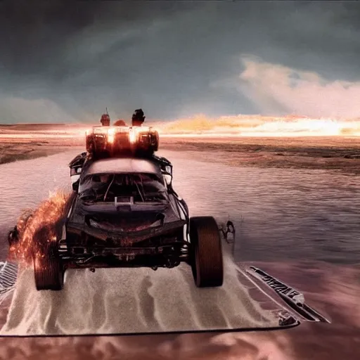 Image similar to mad max vehicle with skis as wheels driving on water on a desert lagoon, cinematic, intricate lighting, atmosphere, highly detailed, sharp focus, movie still