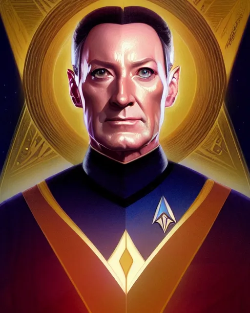 Image similar to portrait of commander data, star trek tng, forest, intricate, elegant, highly detailed, digital painting, artstation, concept art, smooth, sharp focus, illustration, art by artgerm and greg rutkowski and fra angelico and alphons mucha