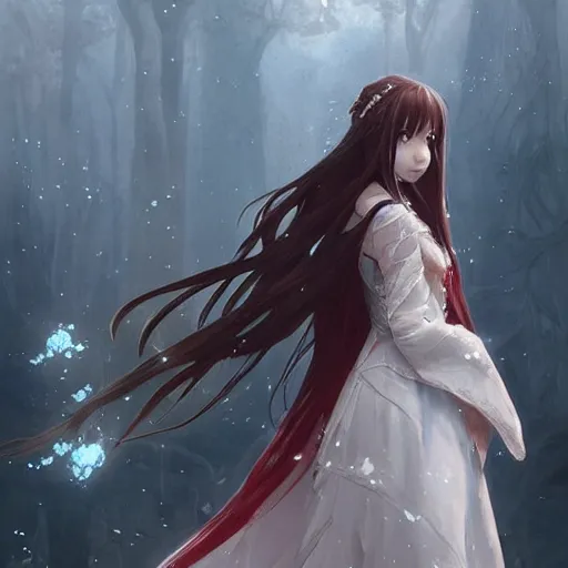 Prompt: yuuki asuna in her wedding dress, extremely long hair, epic fantasy art by Greg Rutkowski