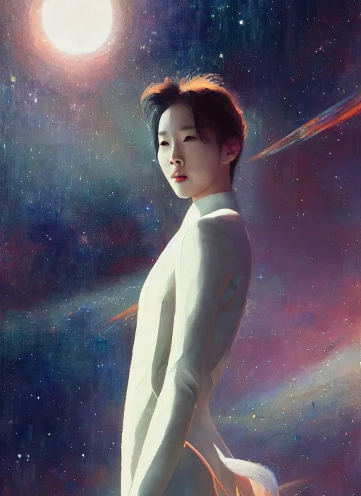 Image similar to Lee Jin-Eun wearing a chic interstellar feminine suit by John Berkey and Vincent Di Fate, rule of thirds, seductive look, beautiful, in intergalactic hq, ethereal lighting, smooth, sharp look, illustration