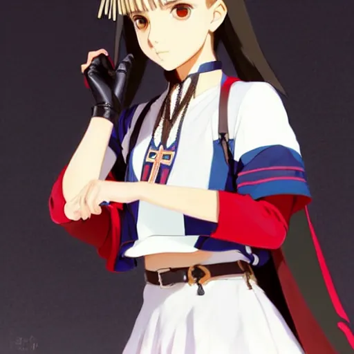 Image similar to a beautiful! boyish! natalie portman model, wearing catholic school girl outfit with mayan pattern and native style, aztec street fashion, guilty gear art direction, gapmoe yandere grimdark, trending on pixiv fanbox, painted by greg rutkowski makoto shinkai takashi takeuchi studio ghibli, akihiko yoshida